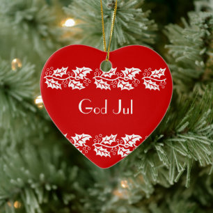 white hollies in red - God Jul Ceramic Ornament