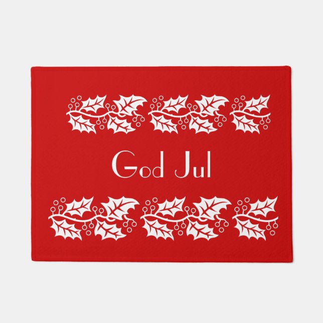 white hollies in red -  God Jul Doormat (Front)