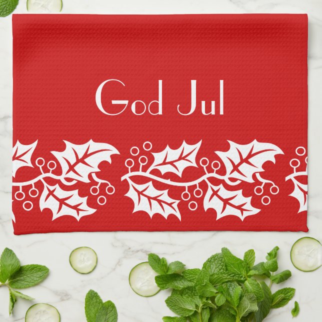 white hollies in red -  God Jul  Kitchen Towel (Folded)