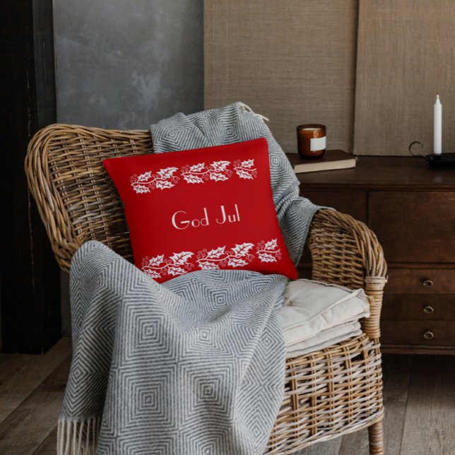 white hollies in red -  God Jul Throw Pillow (Creator Uploaded)