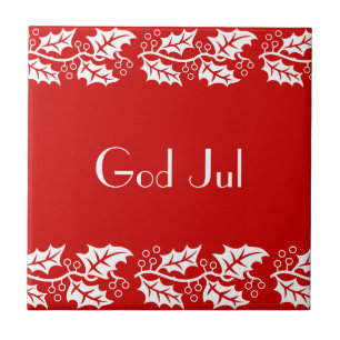 white hollies in red - God Jul Tile