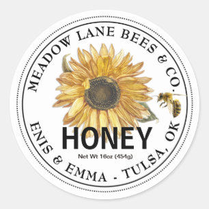 White Honey Label with Sunflower and Honeybee