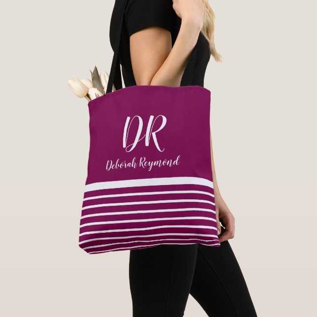 White Horizontal Stripes Monogrammed Wine Tote Bag (Close Up)