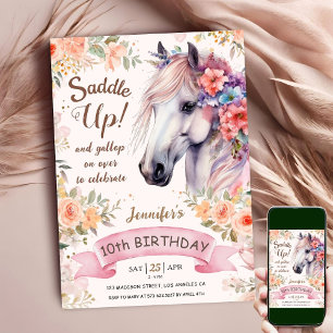 White Horse 10th Birthday Floral Girl Saddle Up Invitation
