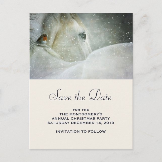 White Horse and Bird in a Snowfall Save the Date Announcement Postcard (Front)