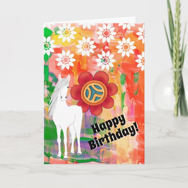 White Horse and Flowers Colorful Hippie Birthday Card (Front)