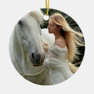 White Horse and Girl Ceramic Ornament