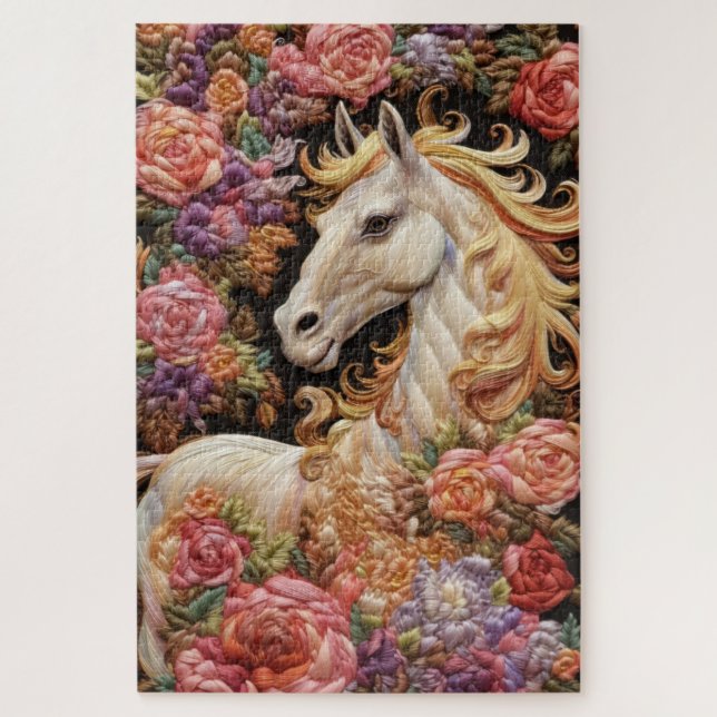 White Horse and Roses Embroidery Jigsaw Puzzle (Vertical)