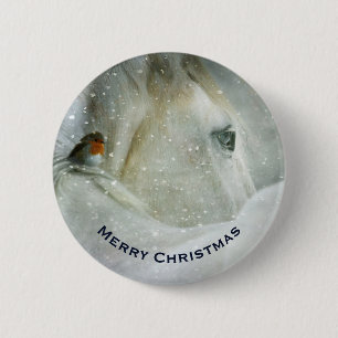 White Horse & Bird in a Winter Snowfall Christmas 2 Inch Round Button