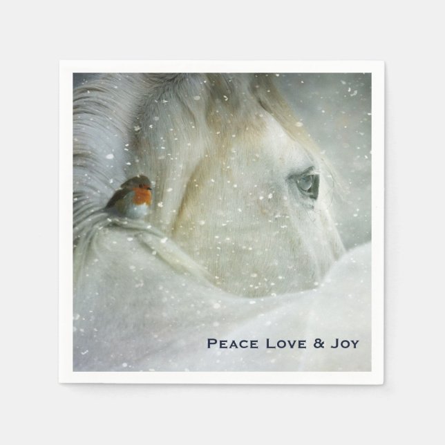White Horse & Bird in a Winter Snowfall Christmas Napkin (Front)
