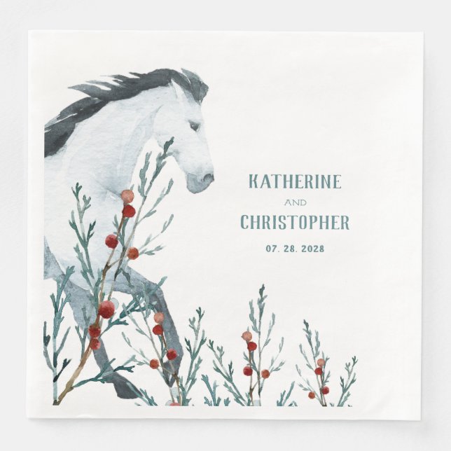 White Horse Blue Juniper & Red Berries Napkin (Front)