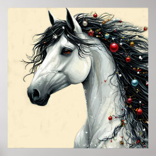 🎄 White Horse Christmas Ornament Mane Winter Art Poster