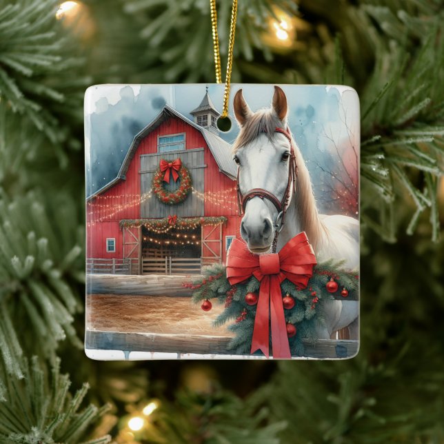 White Horse Festive Farm Christmas Personalized Ceramic Ornament (Tree)