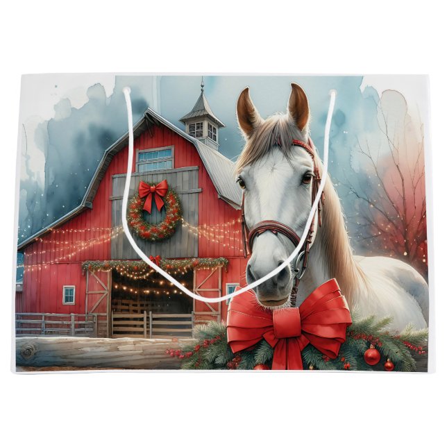 White Horse Festive Farm Christmas Personalized Large Gift Bag (Front)