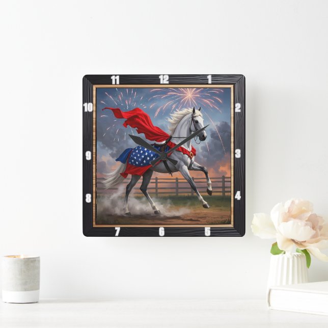 White Horse Fireworks Patriotic  Square Wall Clock (Home)