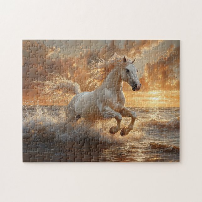 White Horse Galloping Through Ocean Waves Jigsaw Puzzle (Horizontal)