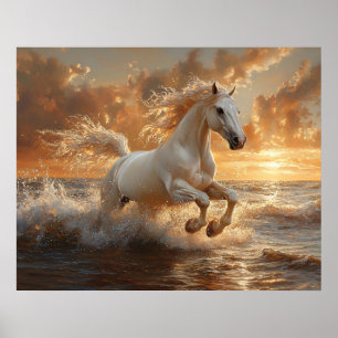 White Horse Galloping Through Ocean Waves Poster