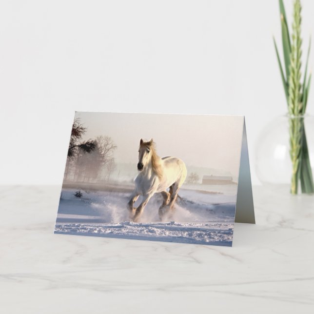 White Horse Galloping Through the Winter Snow Holiday Card (Front)