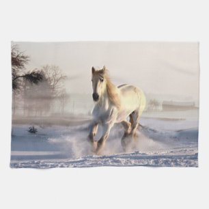 White Horse Galloping Through the Winter Snow Kitchen Towel