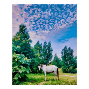 White Horse Grazing in Serene Green Meadow Poster