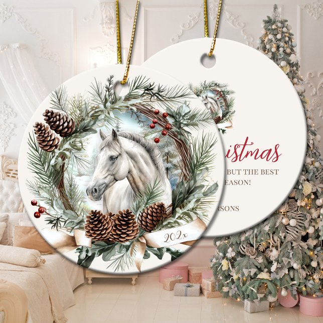 White horse grey horse Christmas pinecone wreath Ceramic Ornament (White horse grey horse Christmas pinecone wreath Ceramic Ornament)