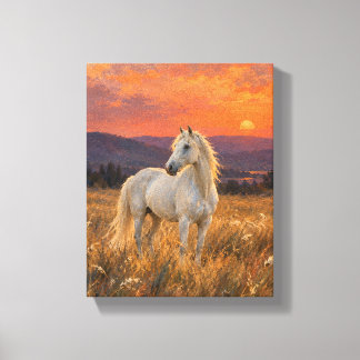 White Horse in a Persimmon Meadow - Sunset Animal  Canvas Print
