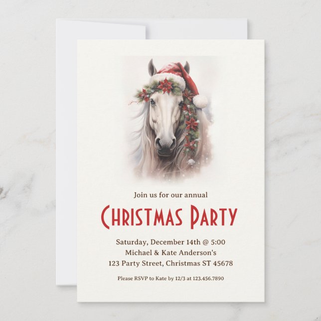 White Horse in a Santa Hat Magic Christmas Party Invitation (Front)
