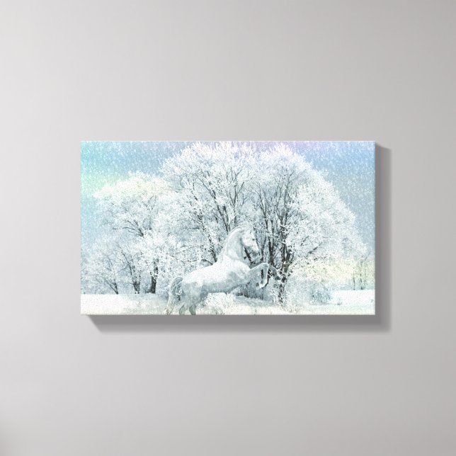 White Horse in a Snow Storm Dramatic Canvas Print (Front)