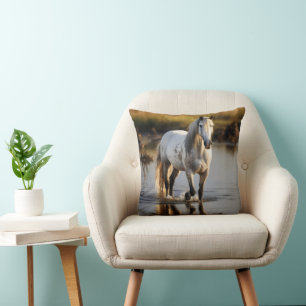 White Horse in Lake Throw Pillow