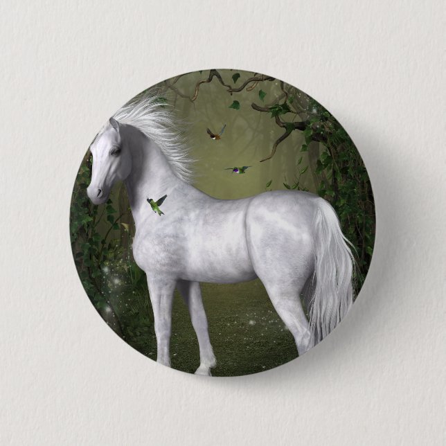 White Horse in the Woods with Hummingbirds 2 Inch Round Button (Front)
