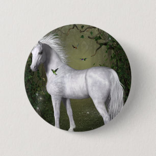 White Horse in the Woods with Hummingbirds 2 Inch Round Button