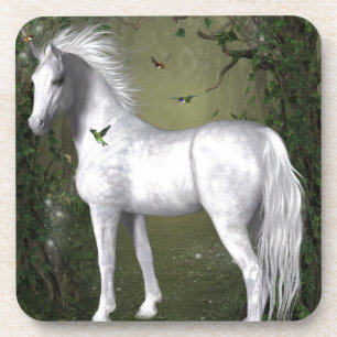 White Horse in the Woods with Hummingbirds Coaster