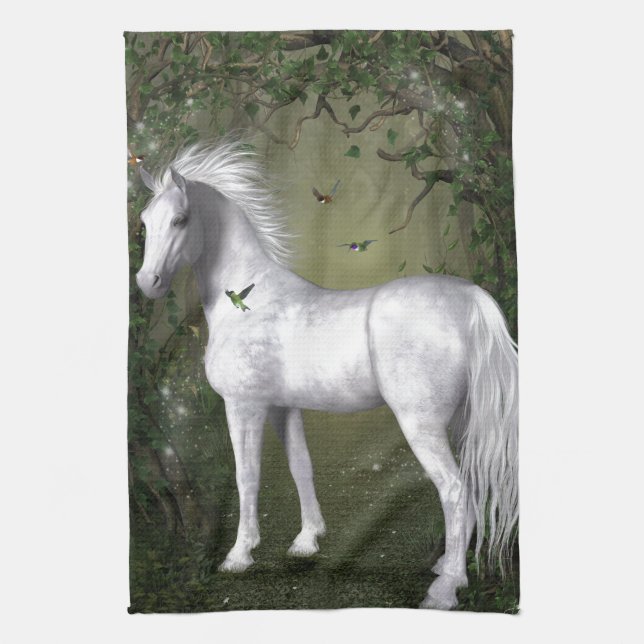 White Horse in the Woods with Hummingbirds Kitchen Towel (Vertical)
