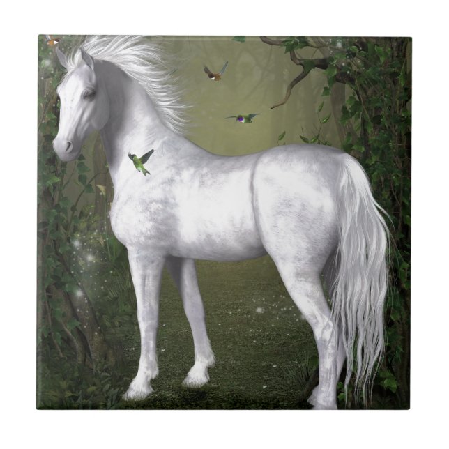 White Horse in the Woods with Hummingbirds Tile (Front)