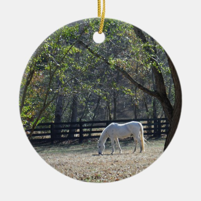 White Horse in trees Ceramic Ornament (Front)