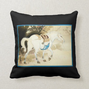 White Horse Japanese Woodblock Art chic Decor Throw Pillow