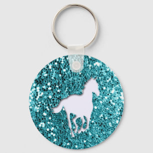 White Horse on Aqua Glitter Look Keychain