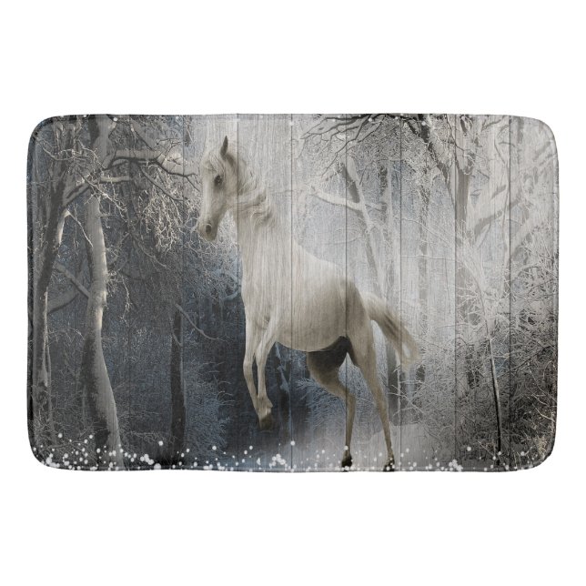 White horse on rustic wood texture in snowy winter bath mat (Front)