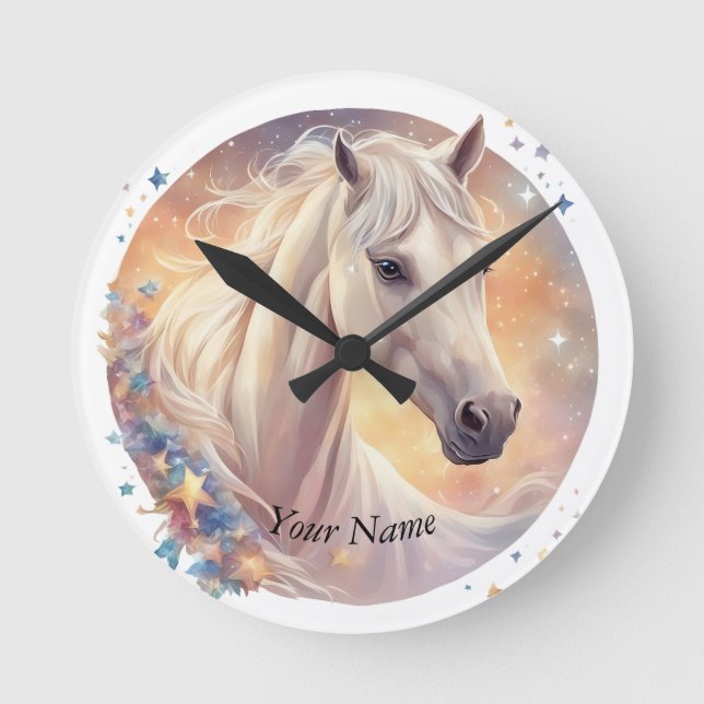 white horse, pastel round clock (Front)