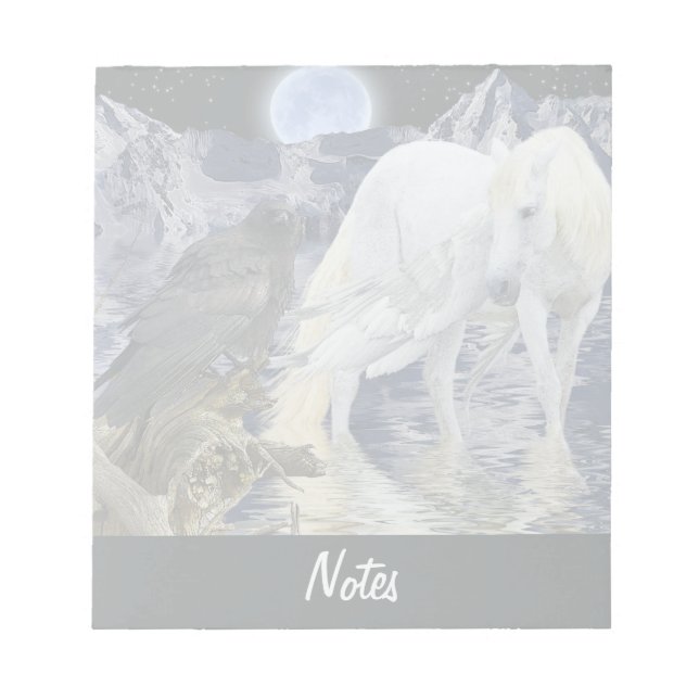 White Horse Pegasus & Black Raven Fantasy Notepad (Front)