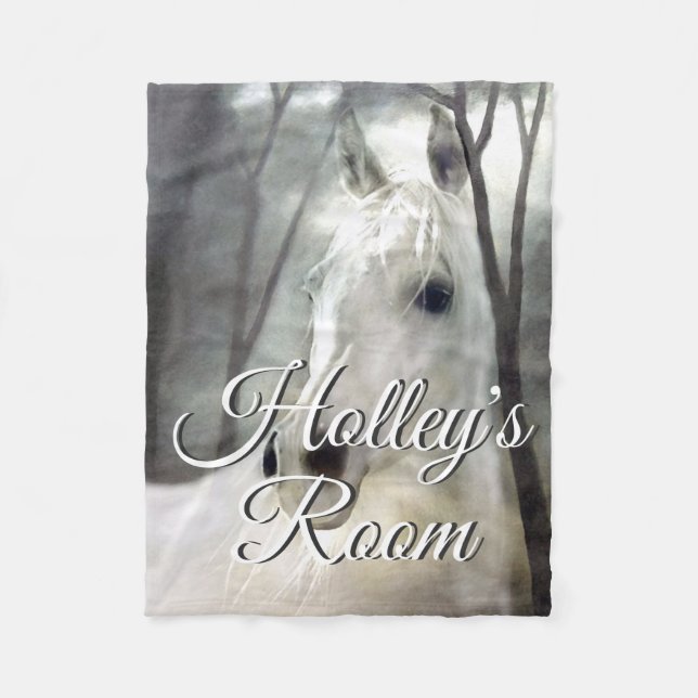 White Horse Portrait Painting Art Personalized Fleece Blanket (Front)