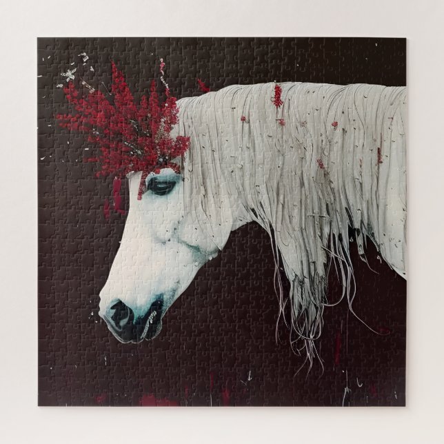 White Horse Red Flowers Jigsaw Puzzle (Vertical)