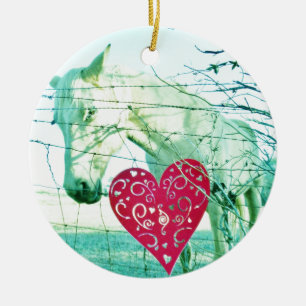 White Horse Red Heart Valentine Ceramic Ornament