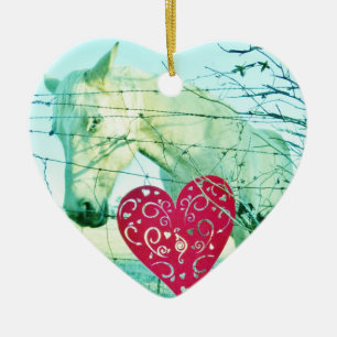 White Horse Red Heart Valentine Ceramic Ornament