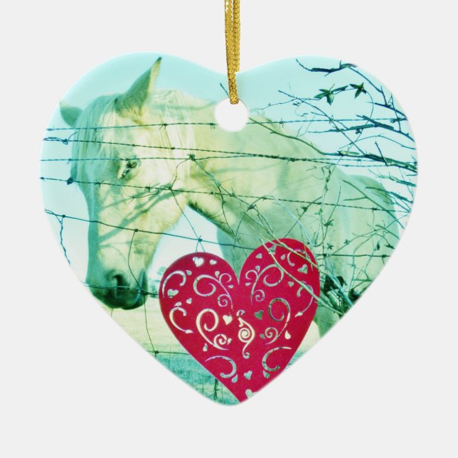 White Horse Red Heart Valentine Ceramic Ornament (Front)