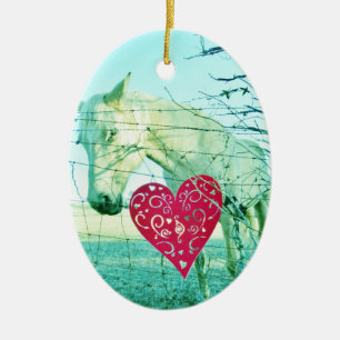 White Horse Red Heart Valentine Ceramic Ornament
