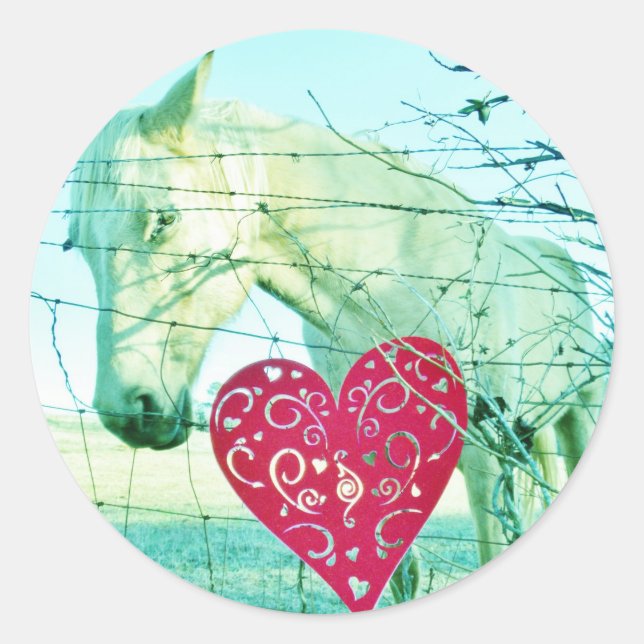 White Horse Red Heart Valentine Classic Round Sticker (Front)
