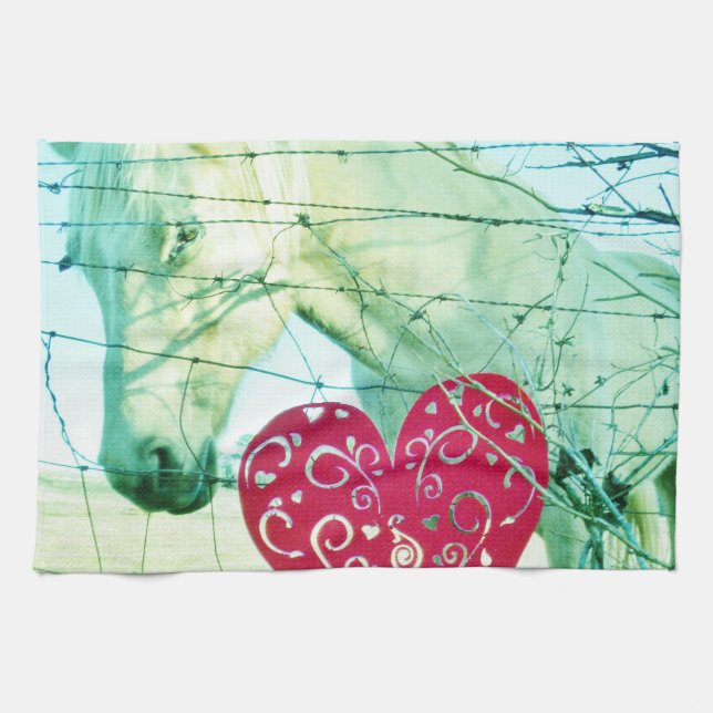 White Horse Red Heart Valentine Kitchen Towel (Horizontal)