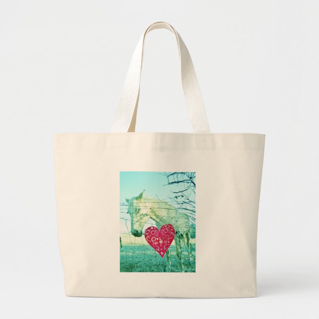 White Horse Red Heart Valentine Large Tote Bag (Front)