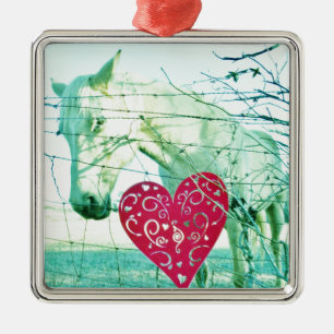 White Horse Red Heart Valentine Metal Ornament